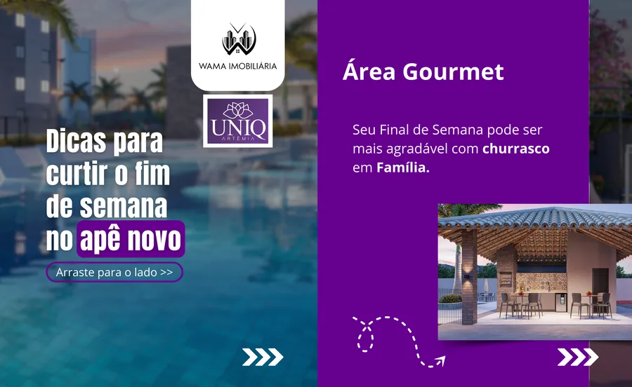 Carrossel panorâmico de lançamento do UNIQ Artêmia, Wama Imobiliária: área gourmet, quadra, piscina e parque infantil